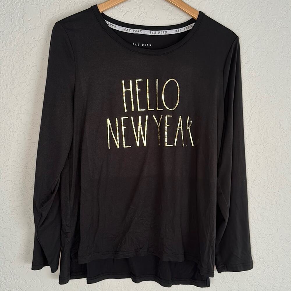 Rae Dunn Hello New Year Black Gold T-Shirt Tee Long Sleeve Large NYE Y2K Glam